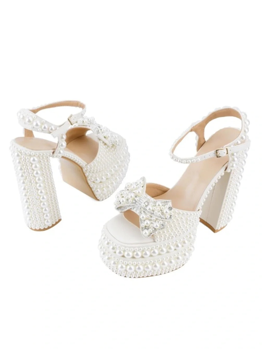 Pearl-Embellished White Platform Sandal with Ankle Strap